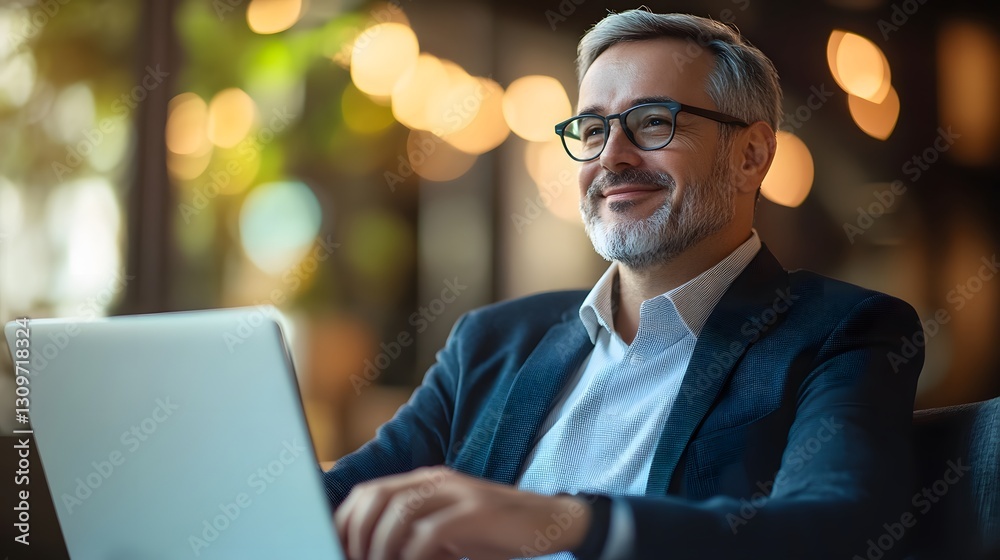Poster smiling businessman using laptop in modern office environment
