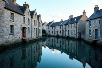 Fototapeta premium Calm harbour waters reflected in grey slate buildings, reflection, stone, slate