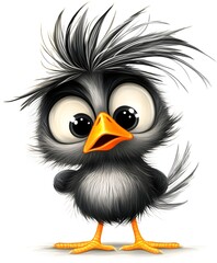 Fototapeta premium Adorable little black bird with big eyes and fluffy feathers isolated on a white background showcasing its cuteness
