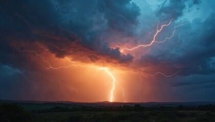 Bright lightning bolt strikes ground during powerful storm. Dark blue clouds glow with orange light, creating dramatic skyscape, landscape. Electric storm over rural area shows intense energy,
