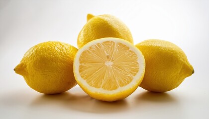 Ripe lemons, partially cut to reveal bright yellow pulp, isolated on a pristine white surface. Perfect for food photography, highlighting freshness and vibrant citrus colors.
