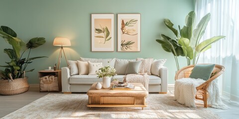 A comfortable and inviting living room with natural decor items