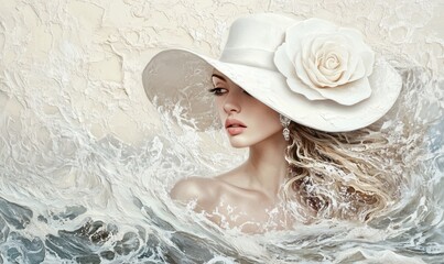 A textured digital painting of an elegant 
beautiful woman in a hat adorned with floral details. 
The artwork blends realism with
impressionistic brushstrokes in a soft, colorful palette.