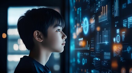 A thoughtful child gazes at a futuristic digital display filled with data and graphics, symbolizing curiosity and technology.