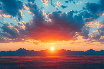 Sunset over a vast plain, dramatic sky