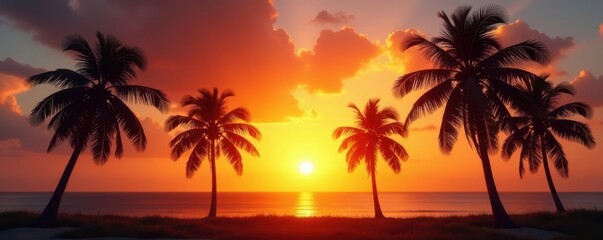 Golden hour, palm trees silhouetted against sunset, warm, travel, red