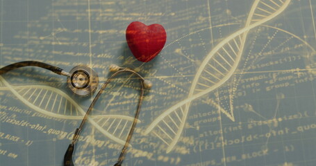 Image of data processing and dna strands over heart and stethoscope