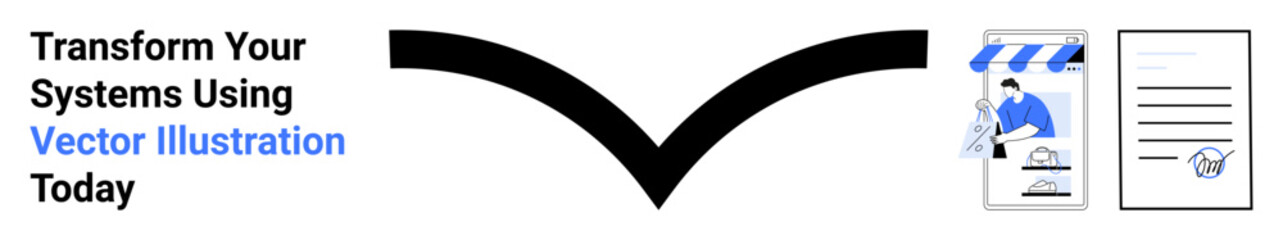 Black arrow connecting digital storefront, person using device, and signed document. Ideal for technology, productivity, workflow, automation, e-commerce, innovation flat landing page banner