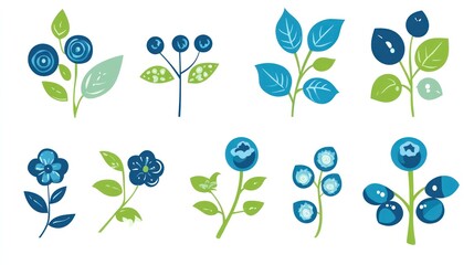 Blueberries and flowers, stylized illustration