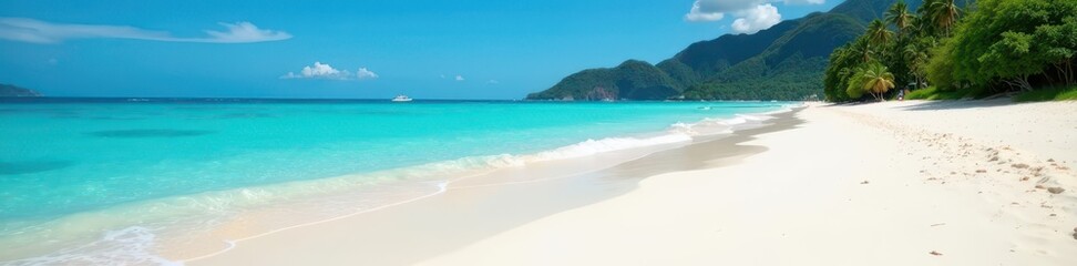 Fototapeta premium Powdery white sand meets turquoise sea, idyllic Thai beach , panorama, southern Thailand