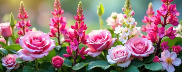 Obraz premium Pink & white verbascum, roses & salvia summer bloom , photography, image