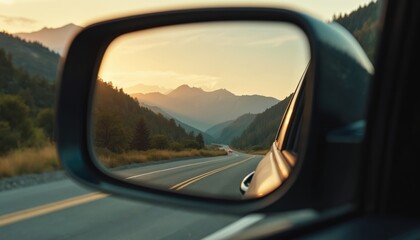Car mirror view reflects mountain road landscape at sunset. Journey, lifestyle, adventure, travel, freedom, future, past, progress, introspection, memories, new beginnings. Generative AI car mirror