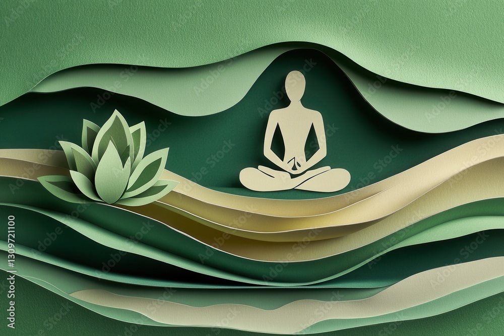 Fototapete serene paper art background featuring a meditating figure and lotus flower in calming earthy tones f