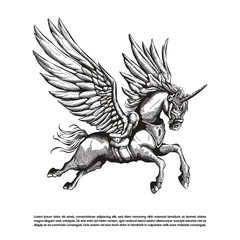 Hand drawn engraving armored pegasus vector, winged horse illustration