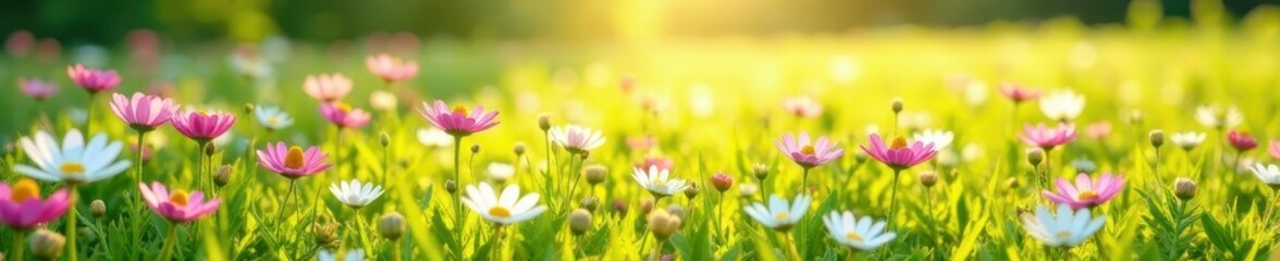 Fototapeta premium Expansive meadow, carpet of pink and white daisies, sunny day , blossom, day