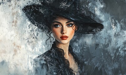 A textured digital painting of an elegant 
beautiful woman in a hat adorned with floral details. 
The artwork blends realism with
impressionistic brushstrokes in a soft, colorful palette.