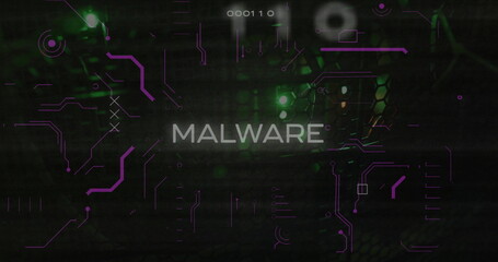 Malware text image over digital code and green lights background