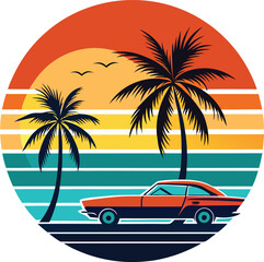 Retro Sunset Beach Palm Trees with Car Silhouette Vector