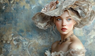 A textured digital painting of an elegant 
beautiful woman in a hat adorned with floral details. 
The artwork blends realism with
impressionistic brushstrokes in a soft, colorful palette.