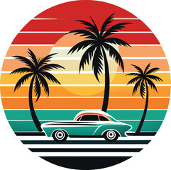 Retro Sunset Beach Palm Trees with Car Silhouette Vector
