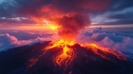 A stunning lava flow streams from the volcanic peak glowing beneath the colorful sunset and heavy smoke filled air