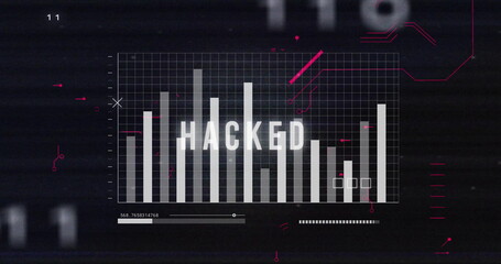 Image of hacked text over digital data processing on black background