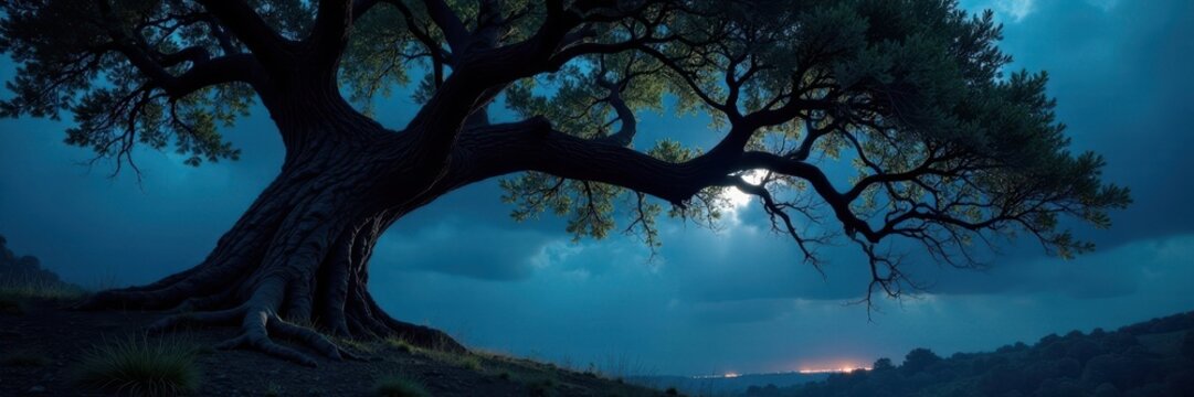 Gnarled tree branches, hanging noose, dark sky, scary, woods, hanging