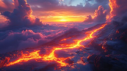 Bright lava carves a path down the volcano glowing intensely beneath the sunset sky with billowing dark clouds