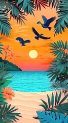 Tropical sunset beach birds flying paper art