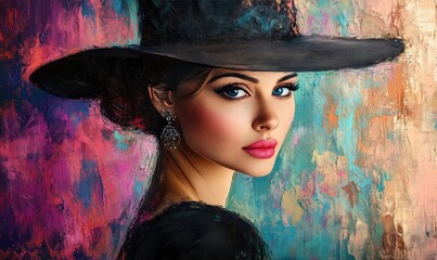 A textured digital painting of an elegant 
beautiful woman in a hat adorned with floral details. 
The artwork blends realism with
impressionistic brushstrokes in a soft, colorful palette.