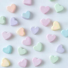 Obraz premium A charming arrangement of pastel-colored heart-shaped marshmallows on a soft white background, evoking a sense of sweetness and whimsy.