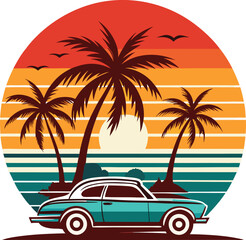 Retro Sunset Beach Palm Trees with Car Silhouette Vector