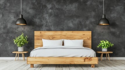 Modern Stylish Bedroom with Wooden Bed and Green Plants in Interior