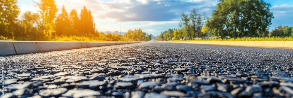 Poster Sunset view of an empty rural road with vibrant trees and a clear sky during late afternoon hours Generative AI
