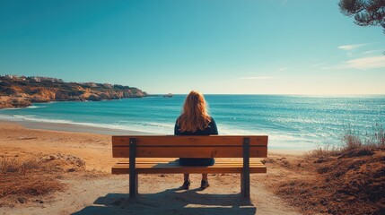 An elderly couple sits closely together on a wooden deck, overlooking a serene beach with gentle waves.