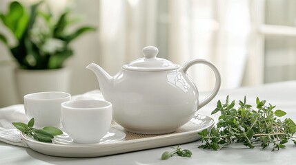 Fototapeta premium Stylish Herbal Tea Set on Rustic Tray with Fresh Herbs