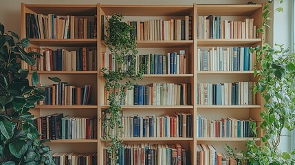 Bookshelves filled with books and plants.
