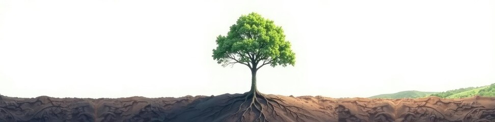 A solitary tree dominates the empty white space, its roots stretching deep into earth, plant, empty