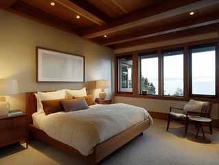 Luxurious modern bedroom interior features a bed and a view