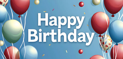 A cheerful birthday vector design with white text reading "Happy Birthday" on a blue background, accompanied by festive balloons.