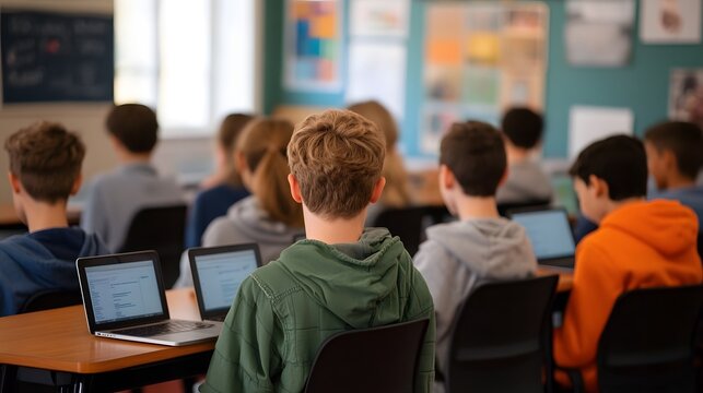 Diverse Students Collaborating on Global Education Project in Classroom