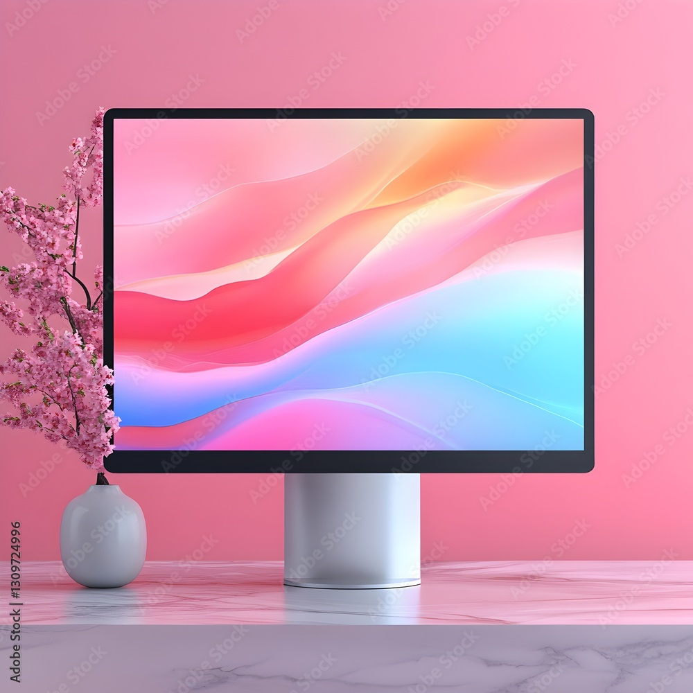 Wall mural computer screen mockup with a soft pink background showcasing a stylish and modern website interface