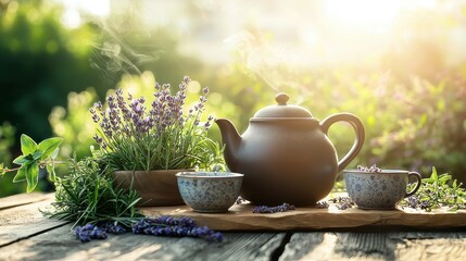 Elegant Herbal Tea Set in Sunlit Garden with Lavender Flowers