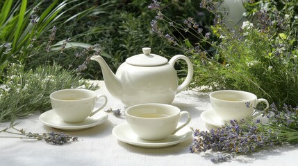 Fototapeta premium Elegant Herbal Tea Set Presented in Sunlit Garden with Lavender