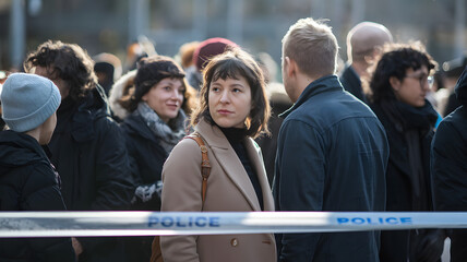 Crowd gathered outside police barrier tape, observing a scene with curiosity and concern, reflecting public interest and community awareness in urban settings.