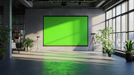 projector green screen in modern office work station meeting room chroma key monitor filming location indoor modern scene mockup composition sunlight sun rays from windows
