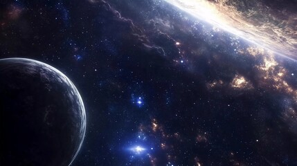 Obraz premium A planet is shown in the foreground of a picture of a galaxy. The galaxy is filled with stars and other celestial objects
