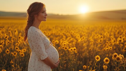 A pregnant woman stands in profile, gently cradling her round belly with both hands.