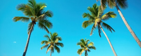 Fototapeta premium Slender royal palms ascend, vibrant blue sky backdrop, sunlight, nature