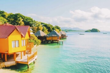 Obraz premium Vibrant tropical overwater bungalows on serene lagoon with lush greenery